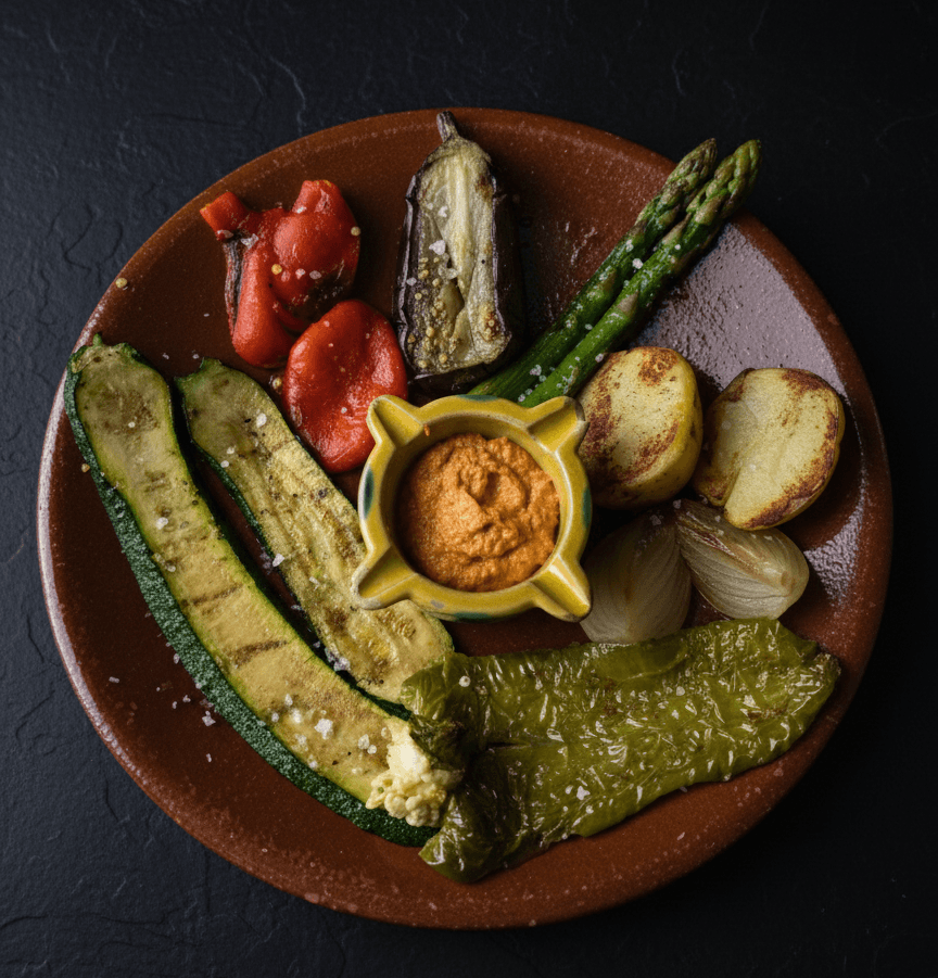 Parrillada de verduras a la brasa, salsa romesco